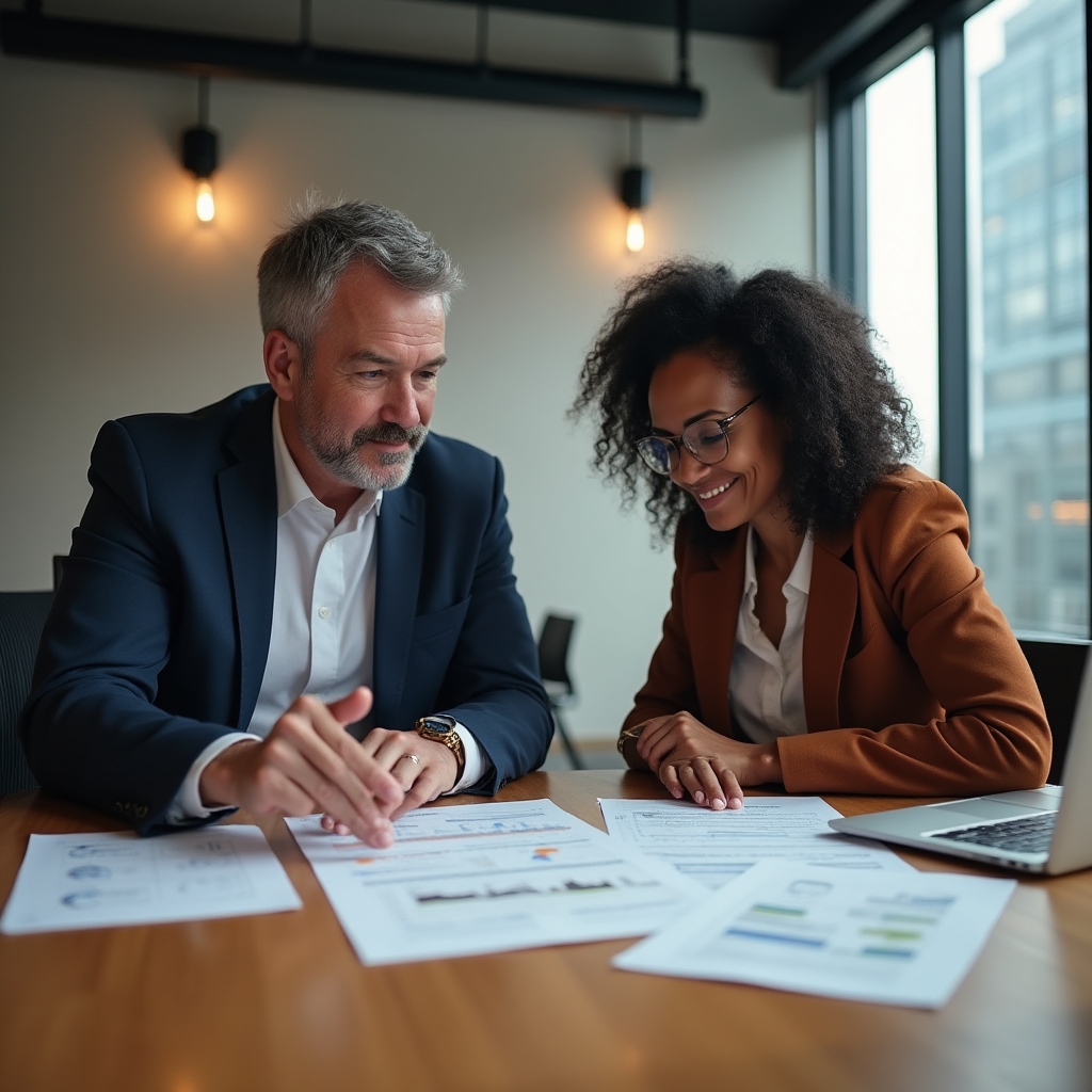Professional reviewing a project document with a client across a table, pointing to a specific section, both focused and engaged, modern conference room