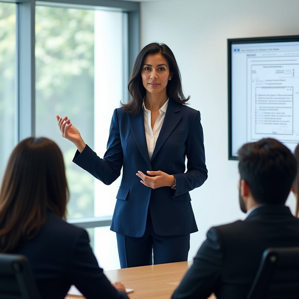 Professional woman presenting confidently to a small group, standing at the front of a bright modern meeting room