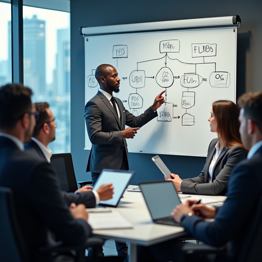 Professional standing at a whiteboard sketching a decision flow diagram during a workshop, colleagues watching attentively