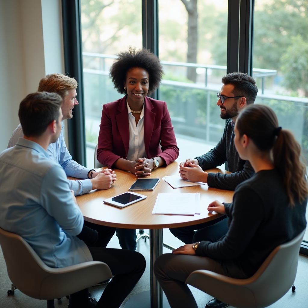 Diverse group of four professionals seated around a meeting table in conversation, relaxed and engaged, natural office lighting