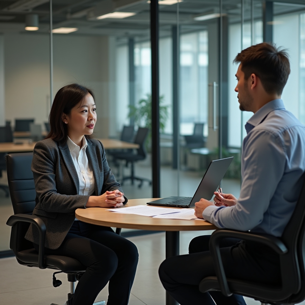 Professional having a focused one-on-one discussion with a manager in a glass-walled office, both seated, calm and direct body language