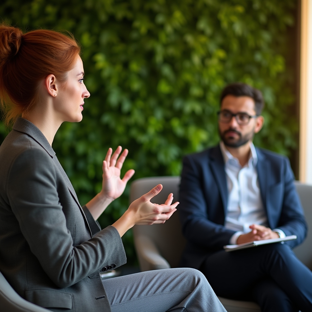 Two professionals in a small group exercise practicing a conversation scenario, one gesturing as they speak, focused expressions