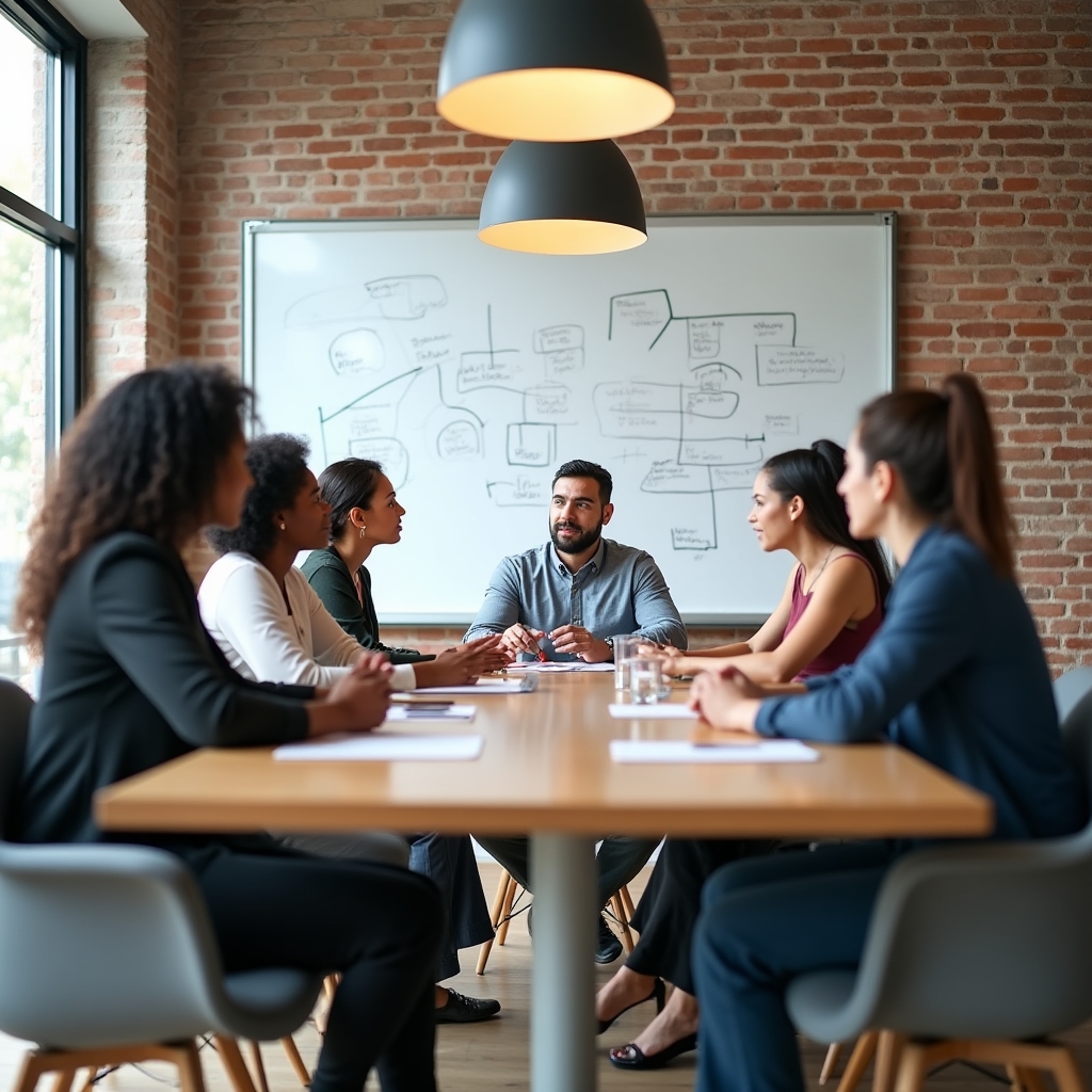 Group of professionals in a workshop setting, actively discussing boundary-setting scenarios at a table